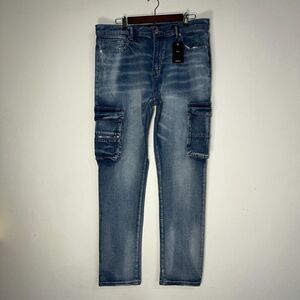 Forever 21 Blue Slim Fit Cargo Jeans Men's 38 Mid Rise Stretch Denim NWT